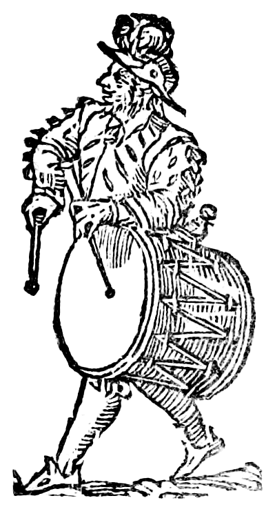 A woodcut of a drummer in sixteenth-century dress, a large side drum at his hip